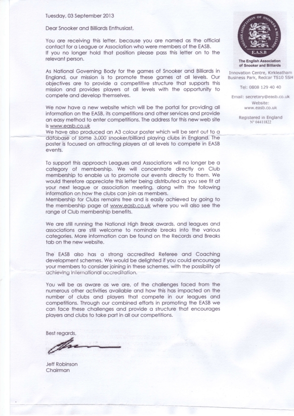 EASB Letter - Free Membership For All Snooker Clubs